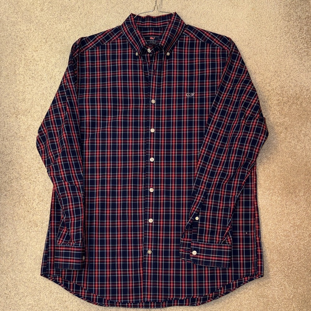 Vineyard Vines Men's Blue and Red Plaid Shirt
